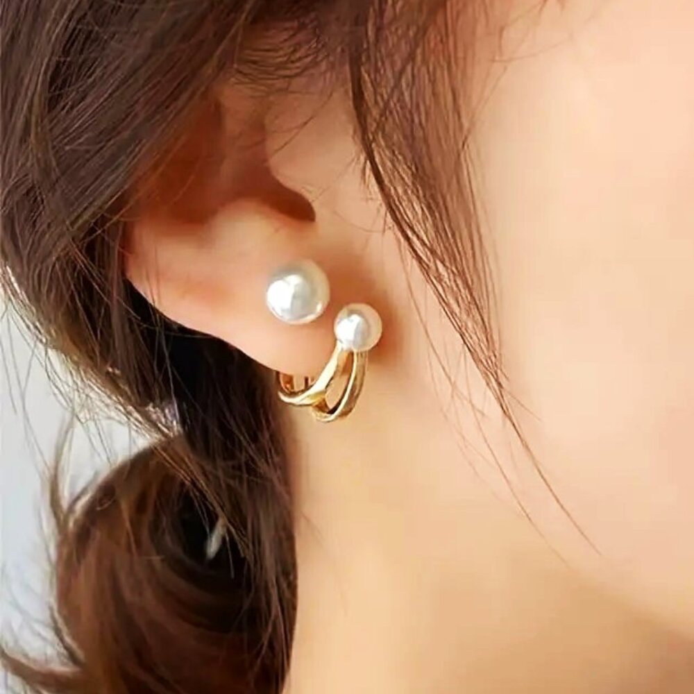 Double Pearl Earrings Wrap Minimalist Simple Class Retro Sophisticated Glam Gold